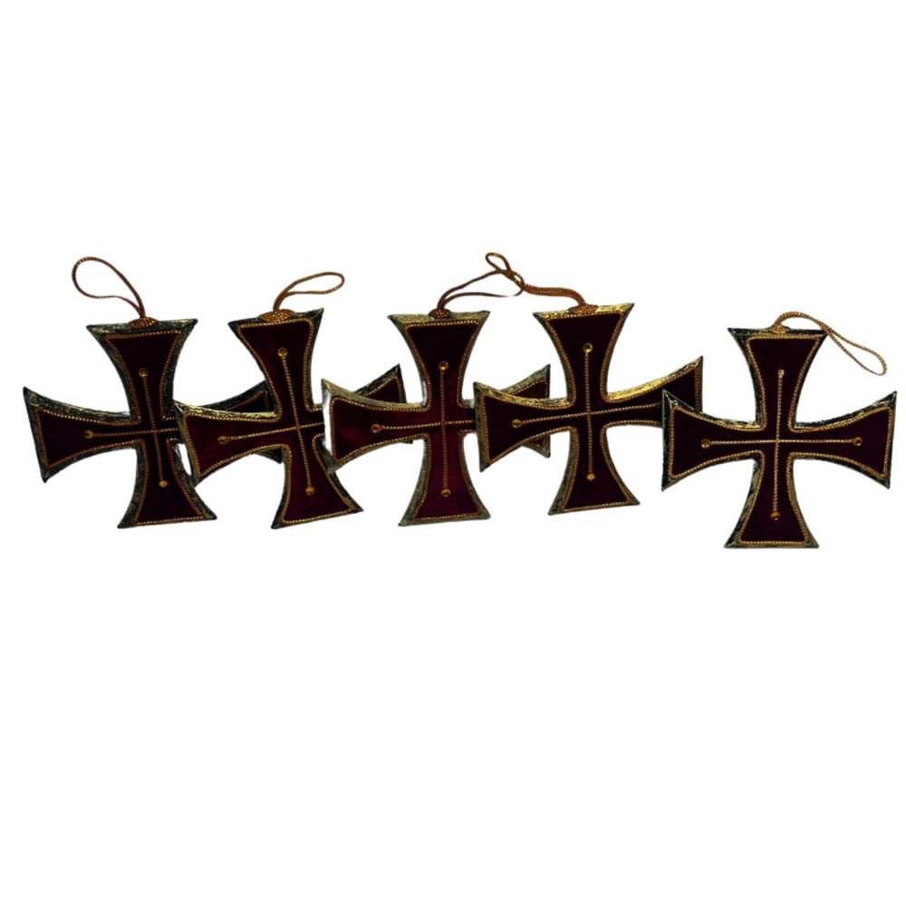 Christmas Ornaments German Cross Set of 5 Red Velvet Gold Trim